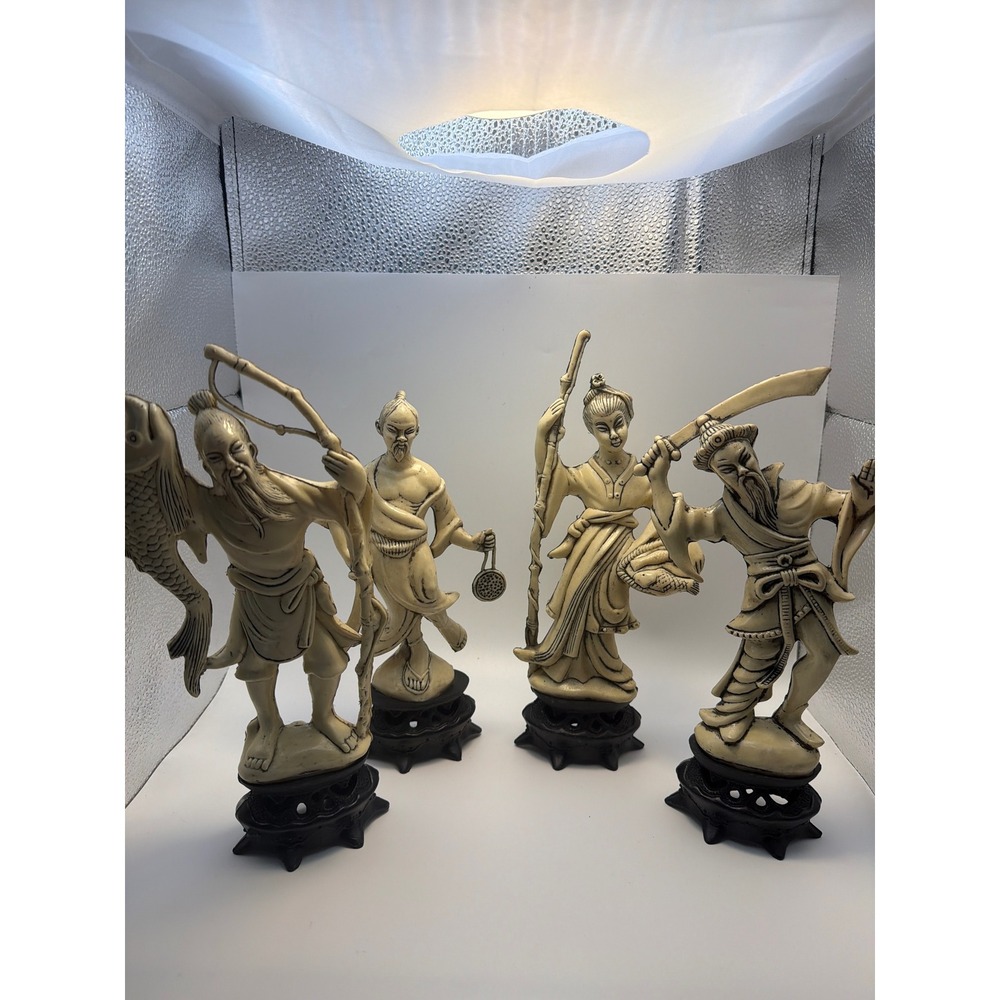 Vintage Chinese Immortal Figurines Set of 4 Faux Ivory Resin Statues Hong Kong
